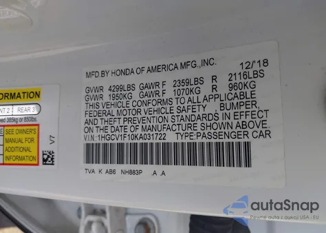 2019 Honda Accord Lx из США, поврежденный, VIN 1HGCV1F10KA031722